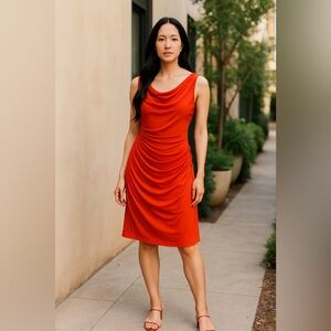 Ralph Lauren Orange Asymmetrical Ruched Midi Dress